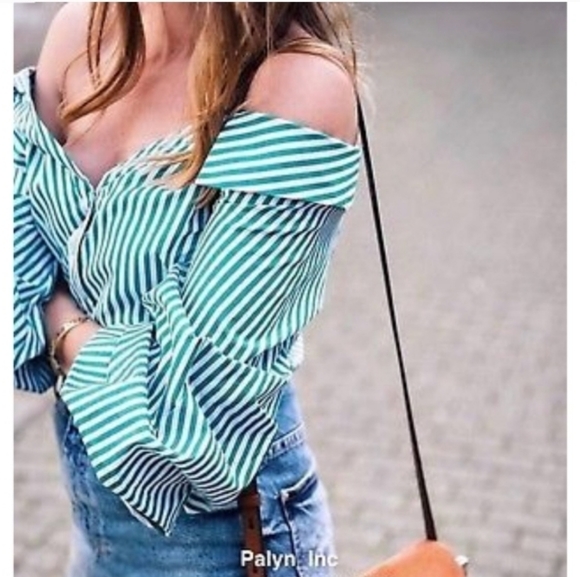 NWT Zara Green Striped Wide Open Neck Over the Shoulder Blouse Shirt puff Sleeve - Picture 3 of 16
